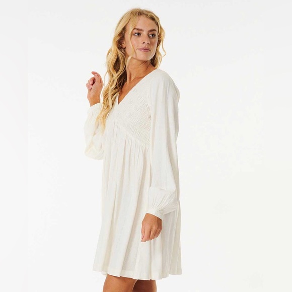 Ripcurl Talia Long sleeve Dress in White With Smocking/ Size S-M / Spring Summer - Picture 3 of 5